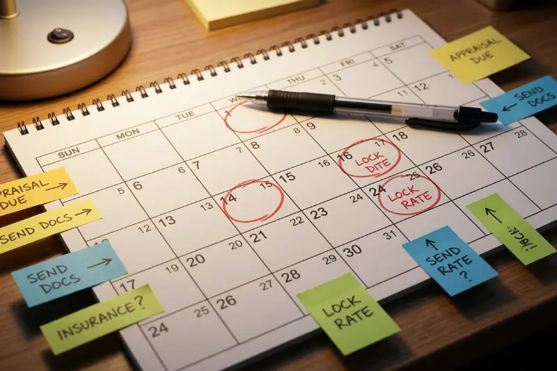 Close-up of a desk calendar with several dates circled in red and sticky notes attached around the edges.