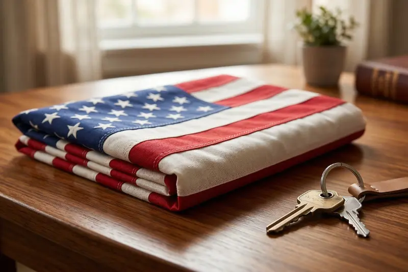 Blog 2 A neatly folded American flag on a polished wooden table next to a set of house keys.