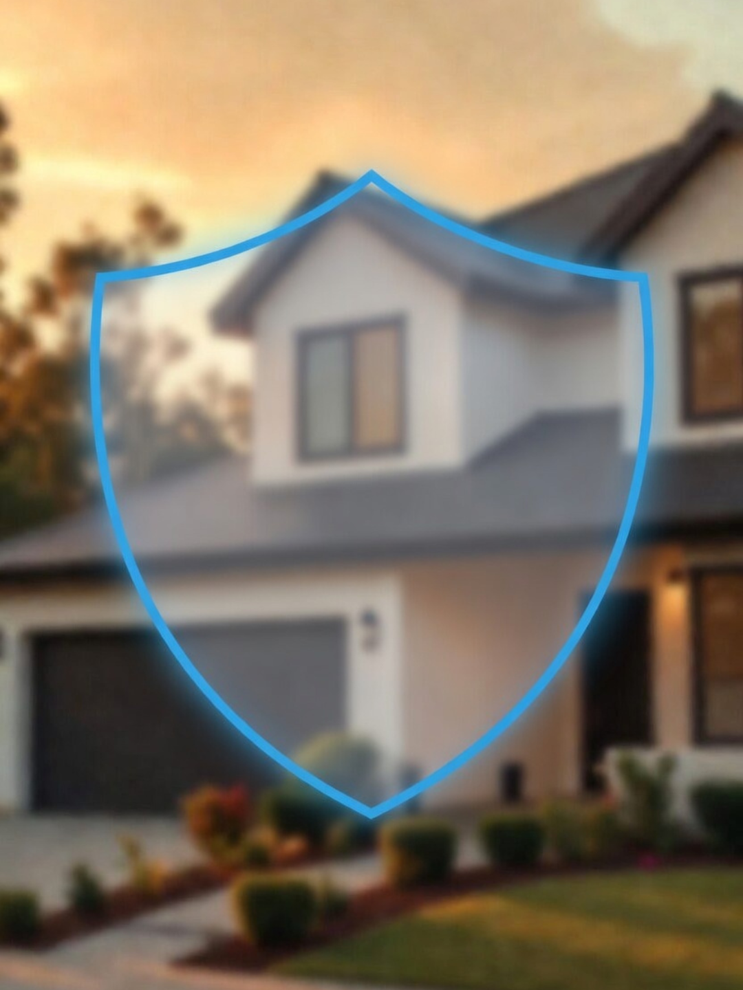 Modern residential home exterior at golden hour with a subtle glowing blue protective shield overlay, symbolizing home price protection and value security.