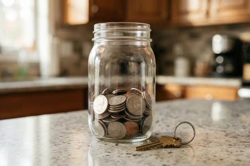A glass jar partially filled with coins sitting on a kitchen counter next to a single house key.
