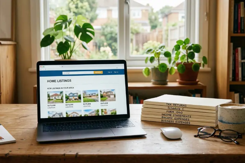 An open laptop on a wooden desk showing a home listing next to a stack of tax returns and a coffee mug.
