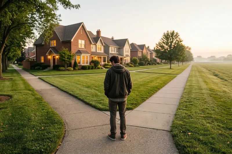 A person seen from behind standing at a Y-shaped fork in a suburban sidewalk between a row of homes and an open field.